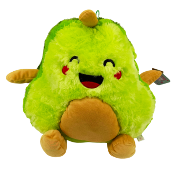 Knallgrüne Plüsch-Avocado mit braunem Kern-Bauch und lachendem Gesicht, ca. 38 cm